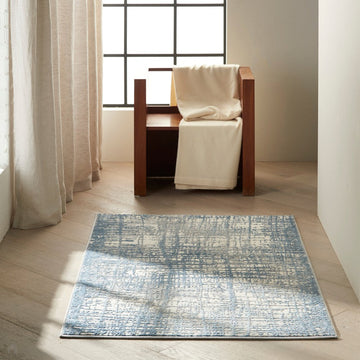 CK Rush CK950 Modern Crosshatched Linear Abstract Distressed Hi-Low Textured Low-Profile Short-Pile Ivory/Blue Rug-Calvin Klein-Rug Love - The Most Loved Rug Store